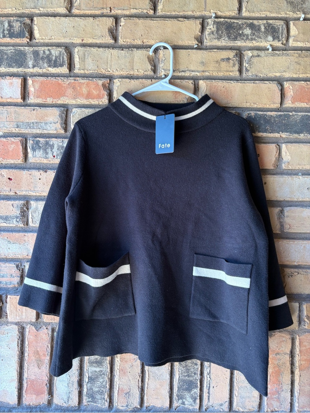 Fate Black Knit Pullover with Cream Stripe Accents
